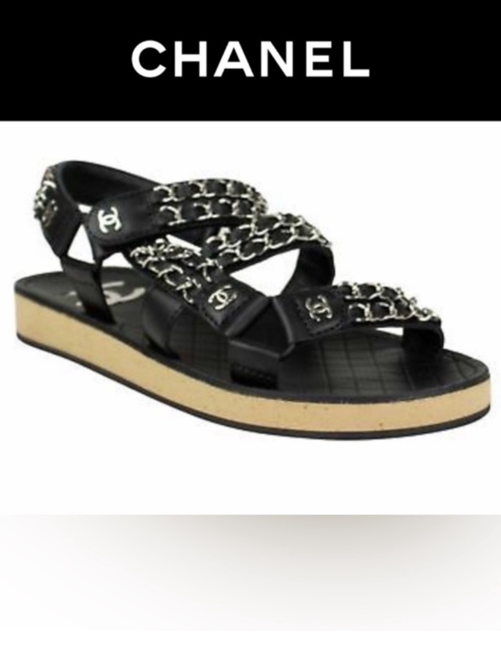 CHANEL Black Leather Chain-Strap Sandals with Beige cork sole